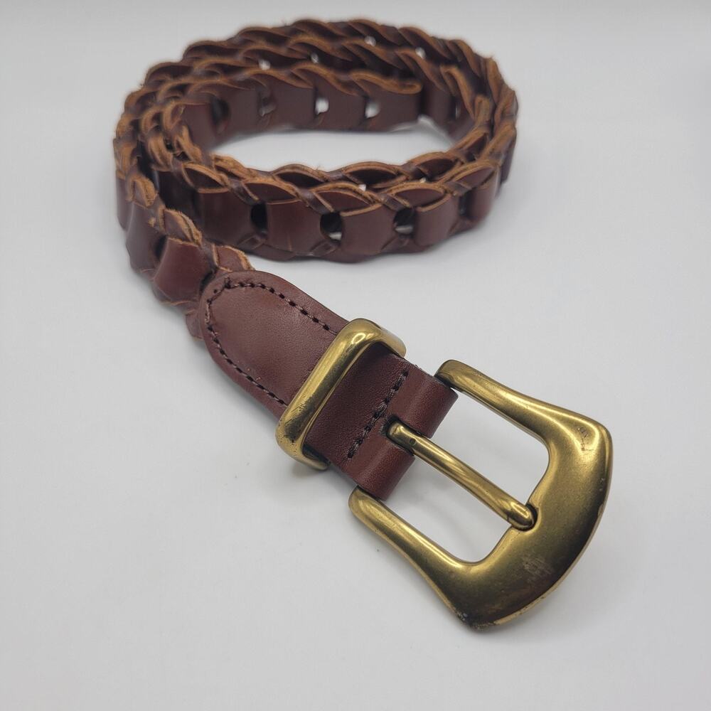 Brown Leather Belt Womens Large Braided Woven Brass Buckle Boho Hippie Western
